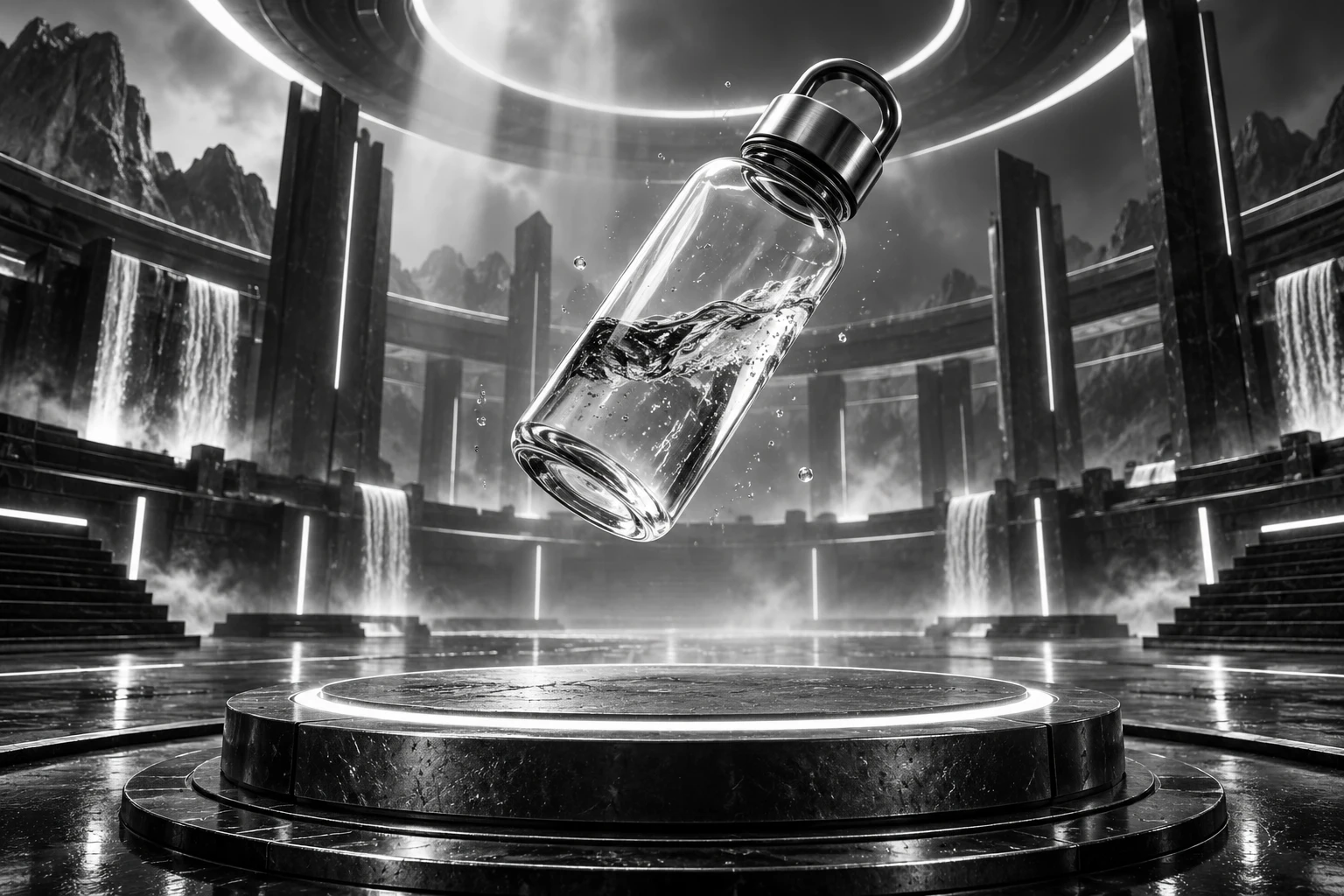 Original cinematic concept art of a spinning glass bottle above an arena landing platform