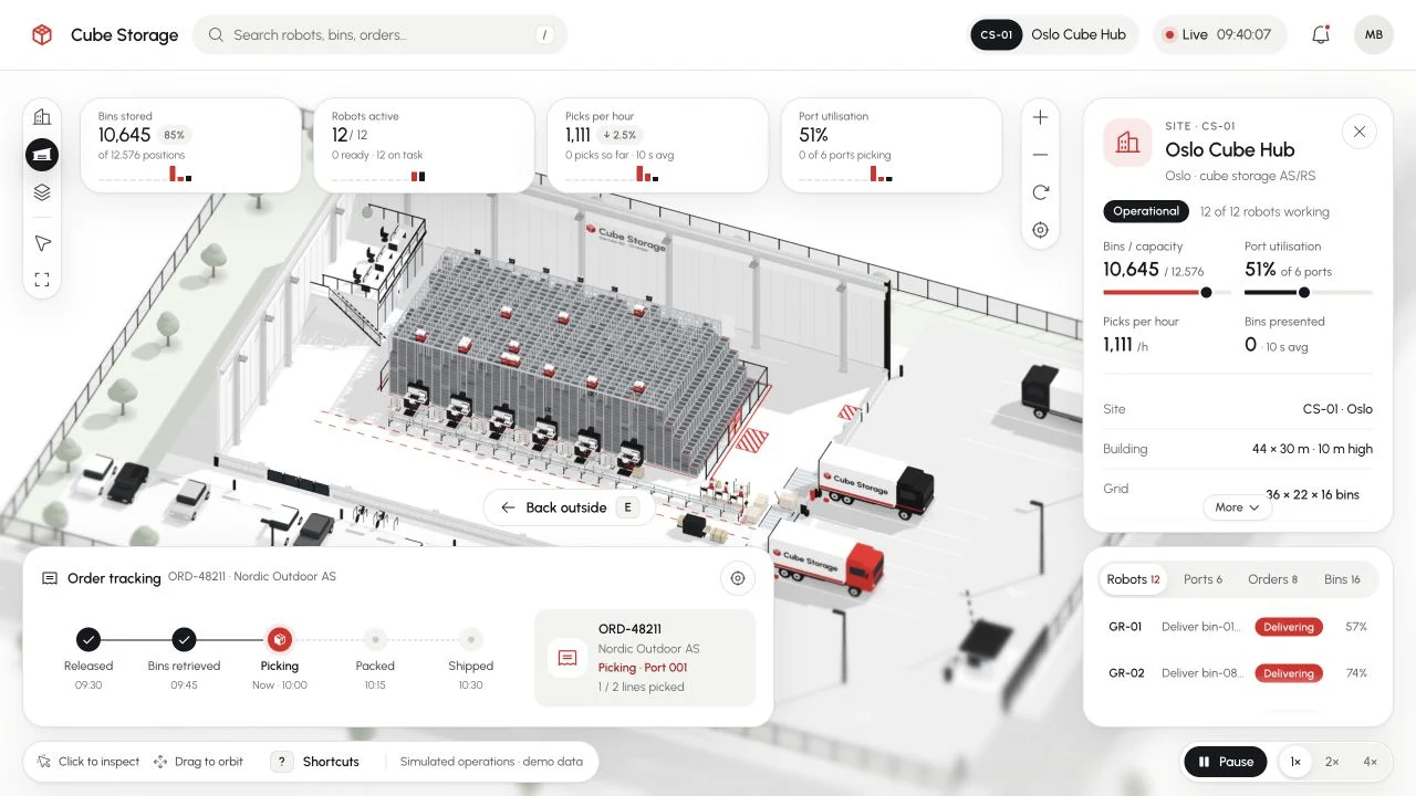 Cube Storage interactive warehouse grid with automated robots