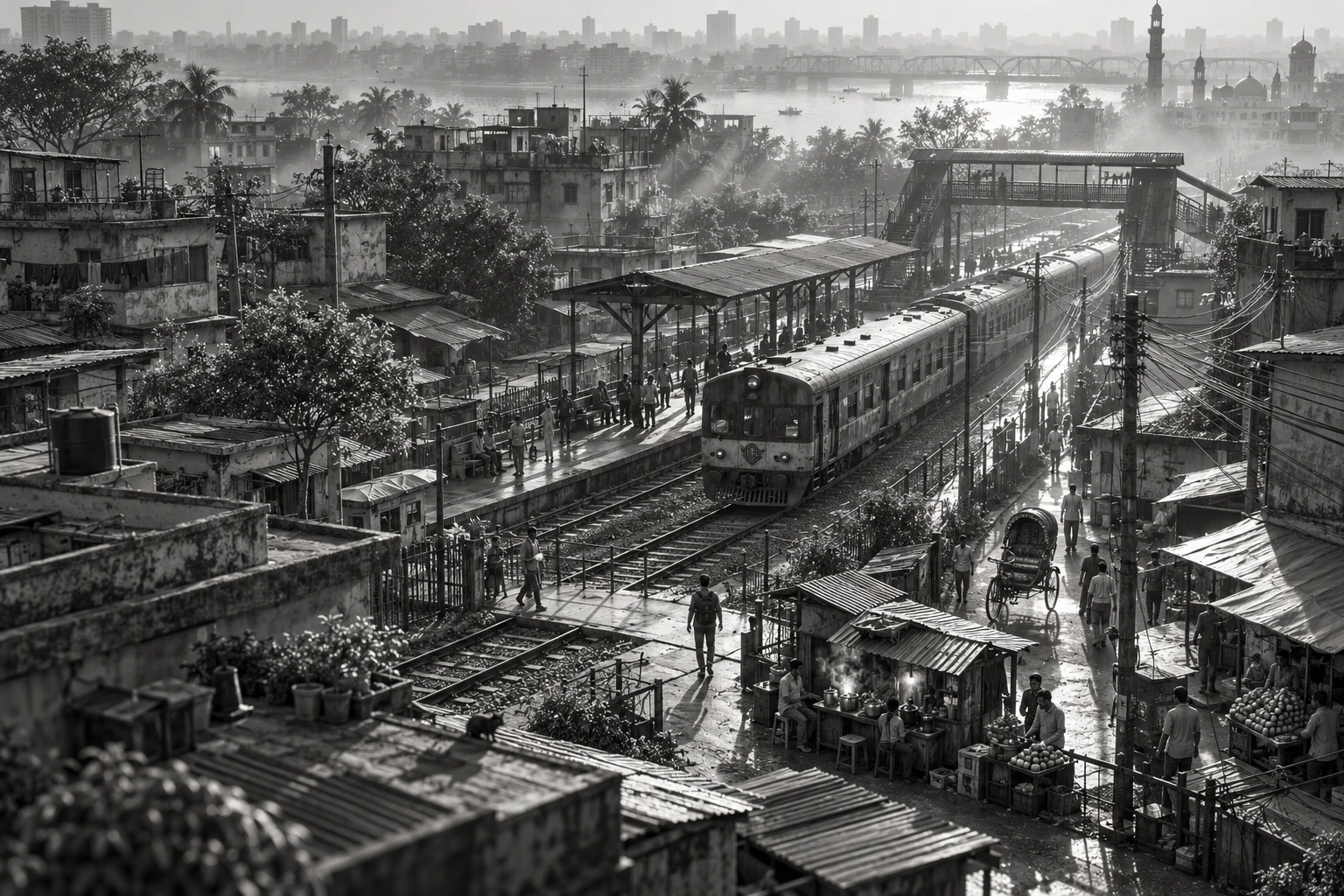 Original cinematic concept art of a Dhaka-inspired railway neighborhood with a train, stalls and rickshaw
