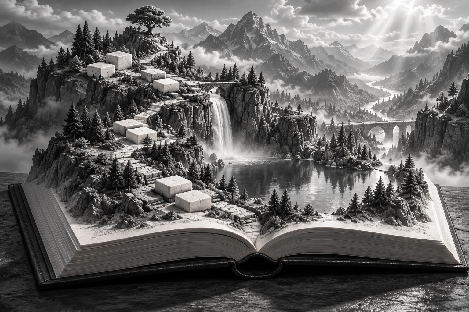 Original monochrome concept art of a mountain world unfolding from a book